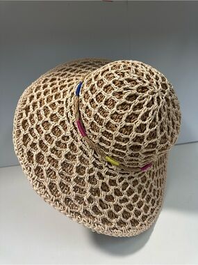 Betsey Johnson Straw Sun Hat with Pink Label and Tan Weave OS Packable Beach